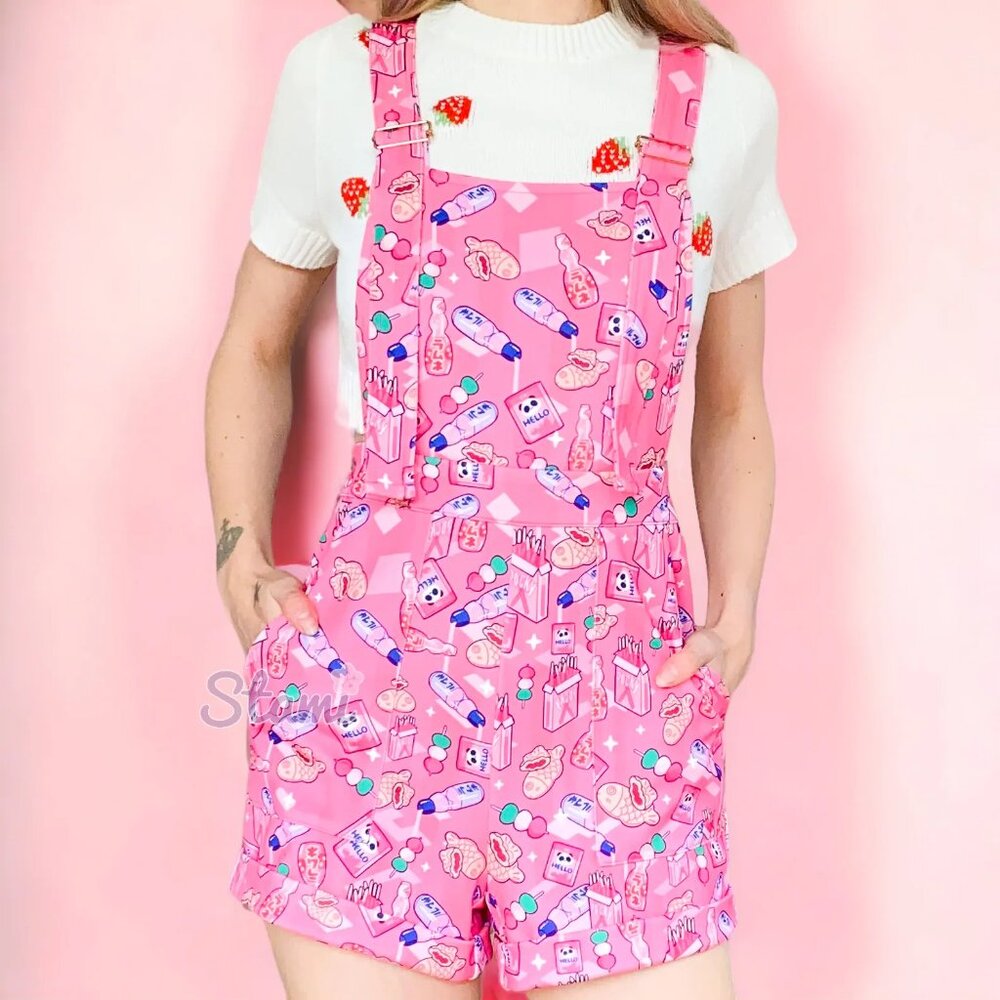 Japanese Sweets Shorts Overalls | Dango Pocky Taiyaki Ramune Print